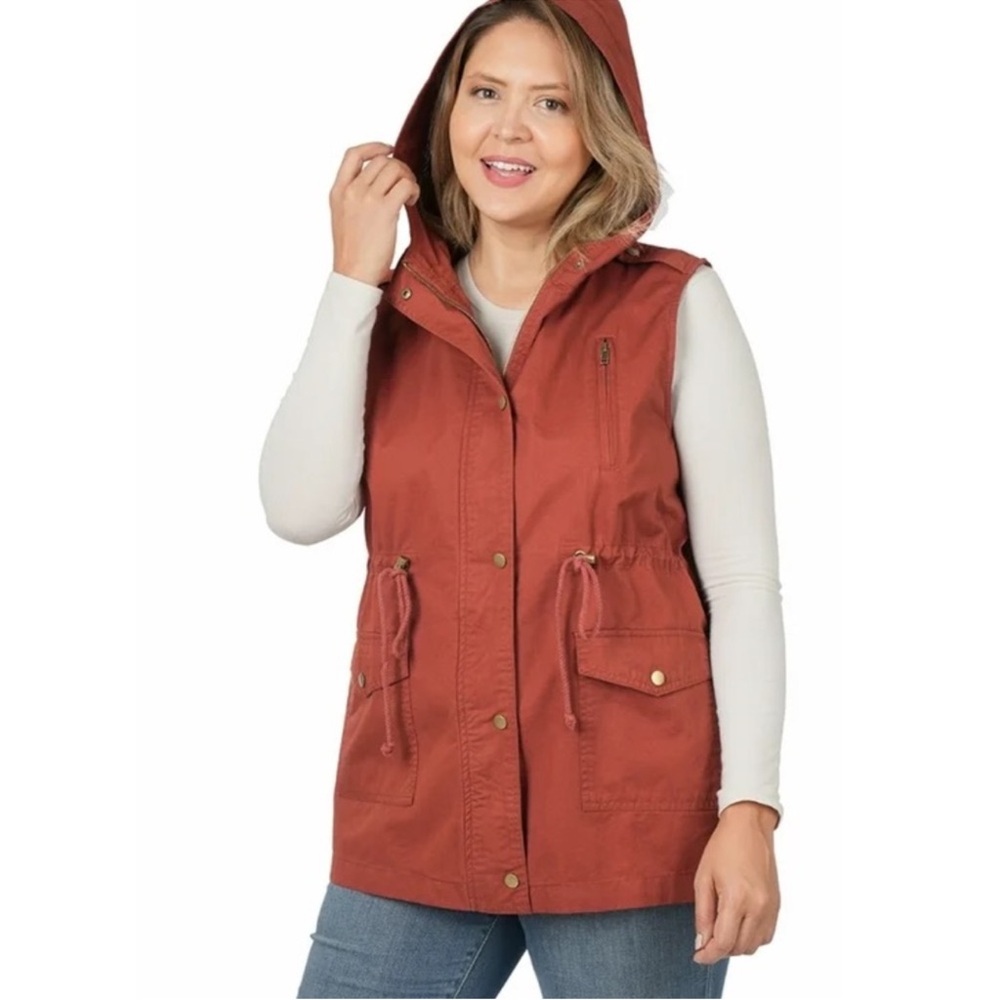 Zenana Outfitters Rust Color Hooded Utility Vest Drawstring Pockets Zip Women L